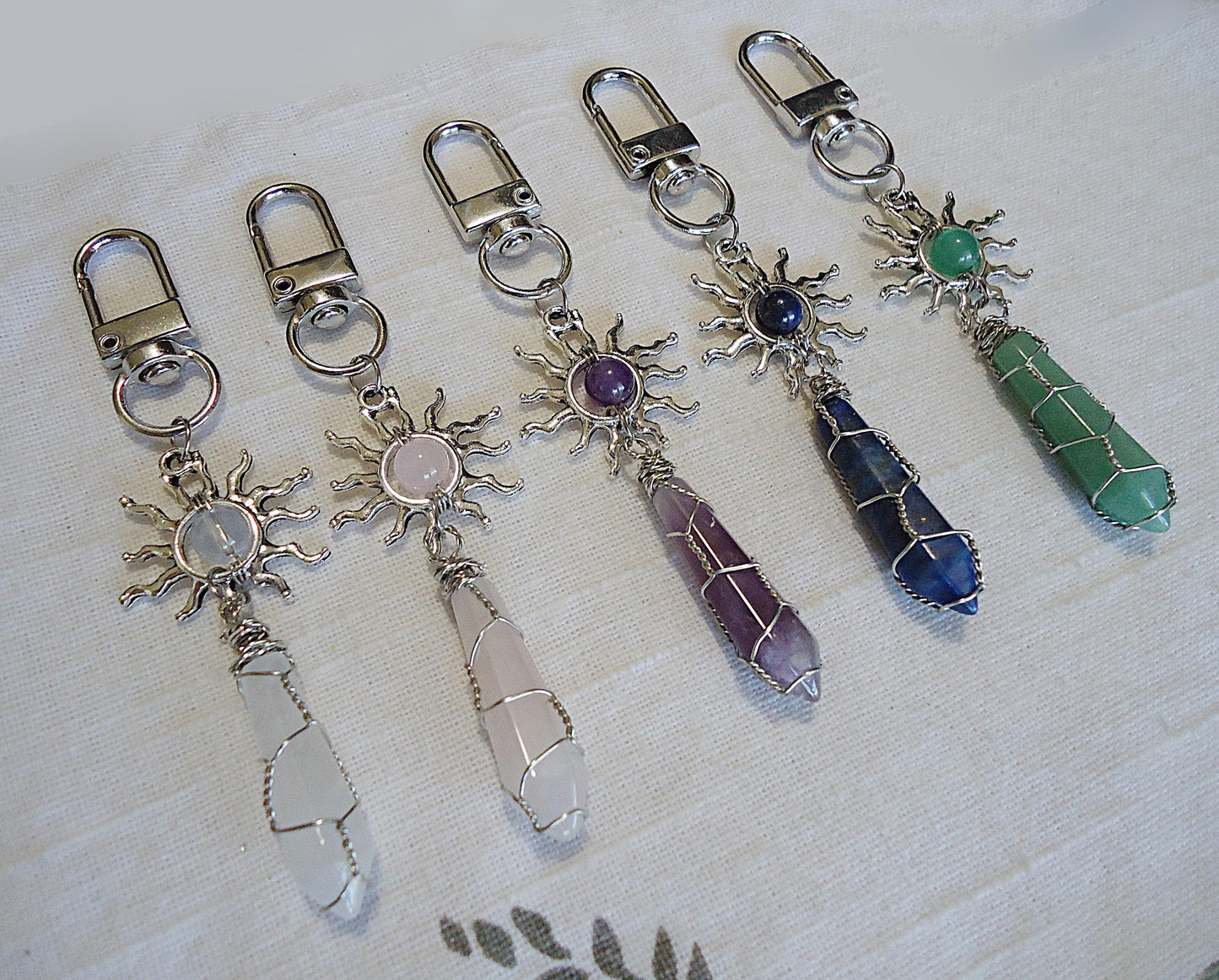 Sun and Stone Bag Charm, Zipper Pull, Crystal Bag Charms, Lapis Lazuli, Green Aventurine, Amethyst, Pink Quartz, Quartz