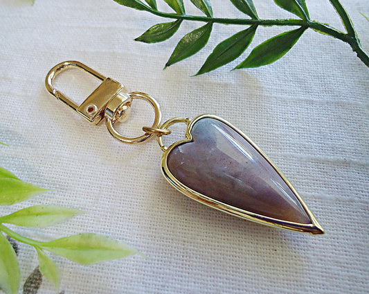 Bag Charm, Indian Agate Stone Heart, Gold Brass, Zipper Pull, Keychain, Purse Charm