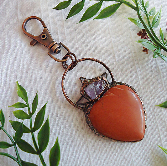 Red Jasper and Amethyst Large Stone Heart Bag Charm, Antique Copper, Swivel Clasp, 2.25" Dangle