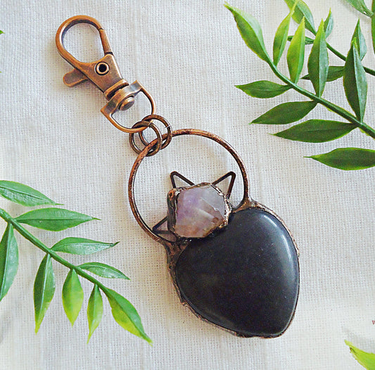 Black Obsidian and Amethyst Large Stone Heart Bag Charm, Antique Copper, Swivel Clasp, 2.25" Dangle