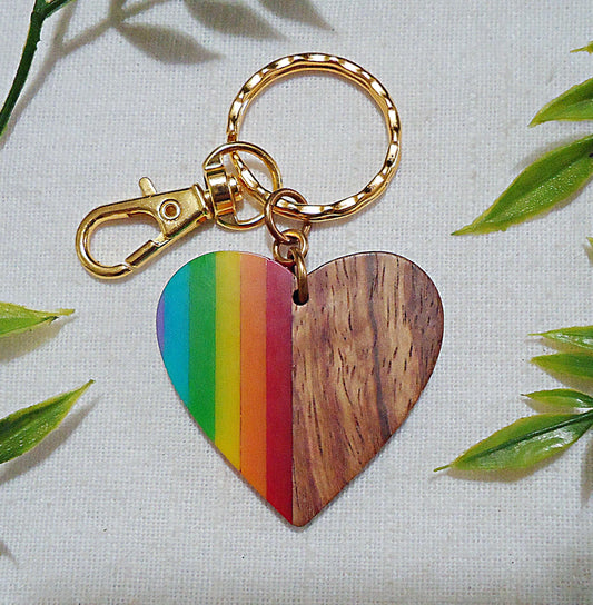 Large Heart Rainbow  Wood Keychain Bag Charm, Rainbow Resin and Walnut Wood, Zipper Pull, Gold Hammered Keychain, Purse Charm