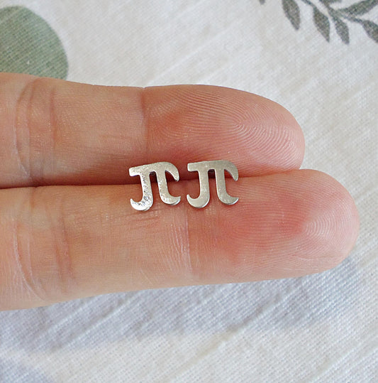 Small Silver Stud Earrings, Pi Symbol, Stainless Steel, 10mm, Hypoallergenic, Non-Tarnishing, Pi Day Earrings, Pi Stud Post Earrings