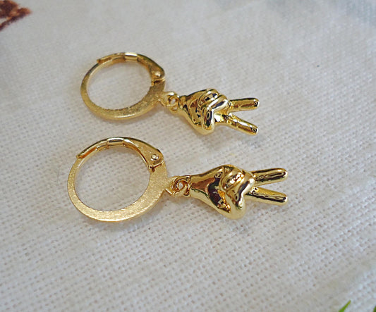 Small Peace Sign Earrings, Gold Brass Victory Sign, Peace Fingers Earrings, Gold Huggie Hoop Leverbacks, Minimalist