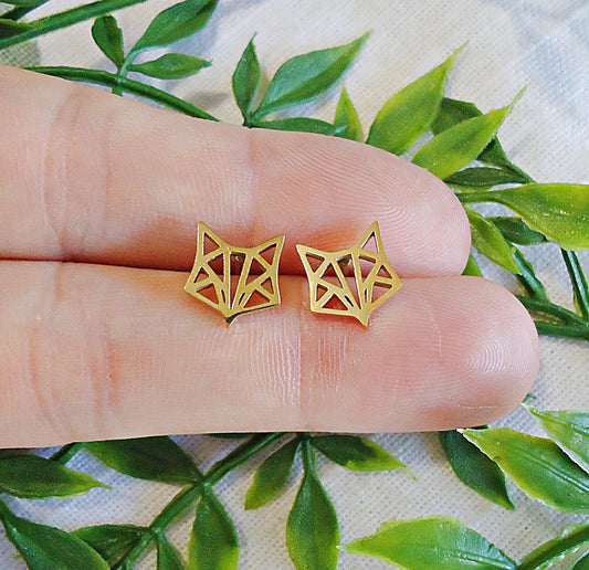 Tiny Gold Fox Stud Earrings, Gold Plated Stainless Steel, Hypoallergenic, 9mm Wide, Minimalist, Gold Origami Fox Head Post Earrings