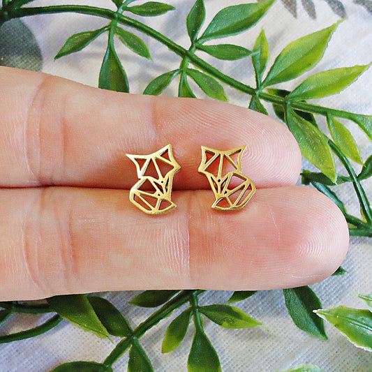 Tiny Gold Fox Stud Earrings, Gold Plated Stainless Steel, Hypoallergenic, 10mm Tall, Minimalist, Gold Origami Fox Post Earrings