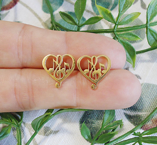 Small Gold Stud Earrings, Music Notes in Heart, I Love Music Earrings, Stainless Steel, Gold Musician Post Earrings, Hypoallergenic