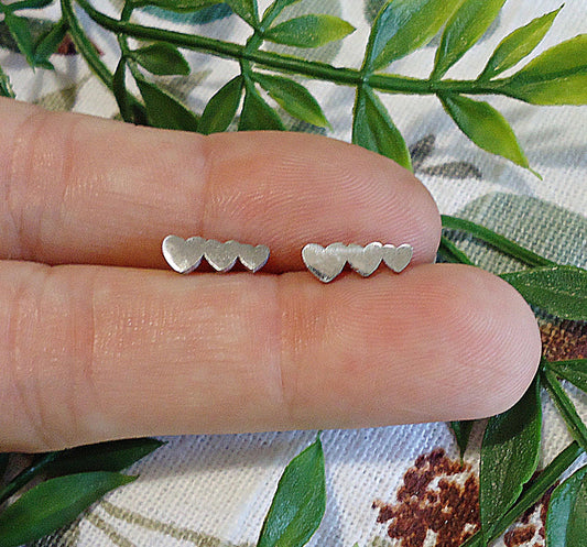 Tiny Heart Earrings, 3 Hearts Stud Earrings, Stainless Steel, Silver Stud Heart Earrings