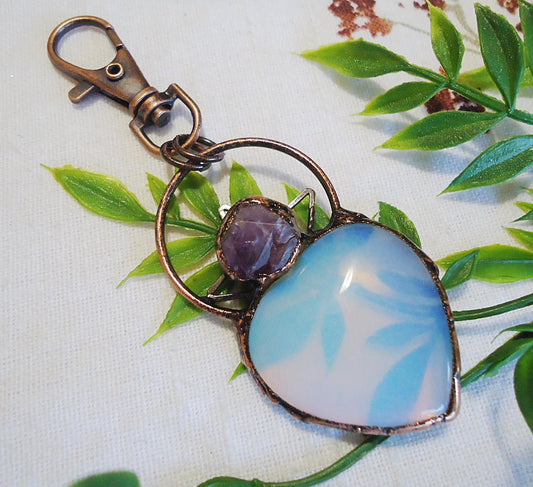 Opalite Moonstone and Amethyst Large Stone Heart Bag Charm, Antique Copper, Swivel Clasp, 2.25" Dangle