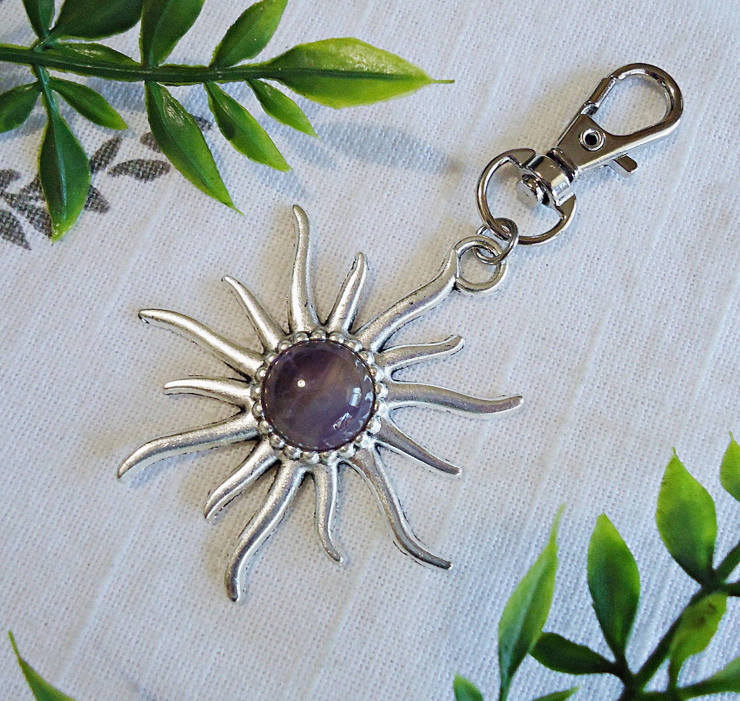 Sun and Stone Bag Charm, Zipper Pull, Large Silver Sun, Lapis Lazuli, Green Aventurine, Amethyst, Peach Quartz, Black Agate