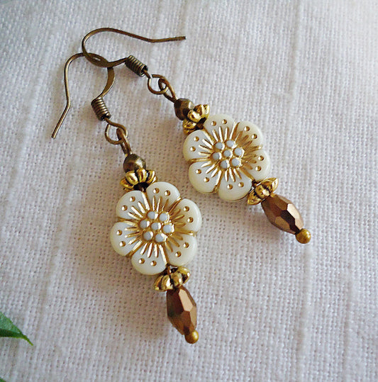 Alabaster White Flower Earrings, Bronze Copper Gold Dangle Earrings, 1 inch dangle