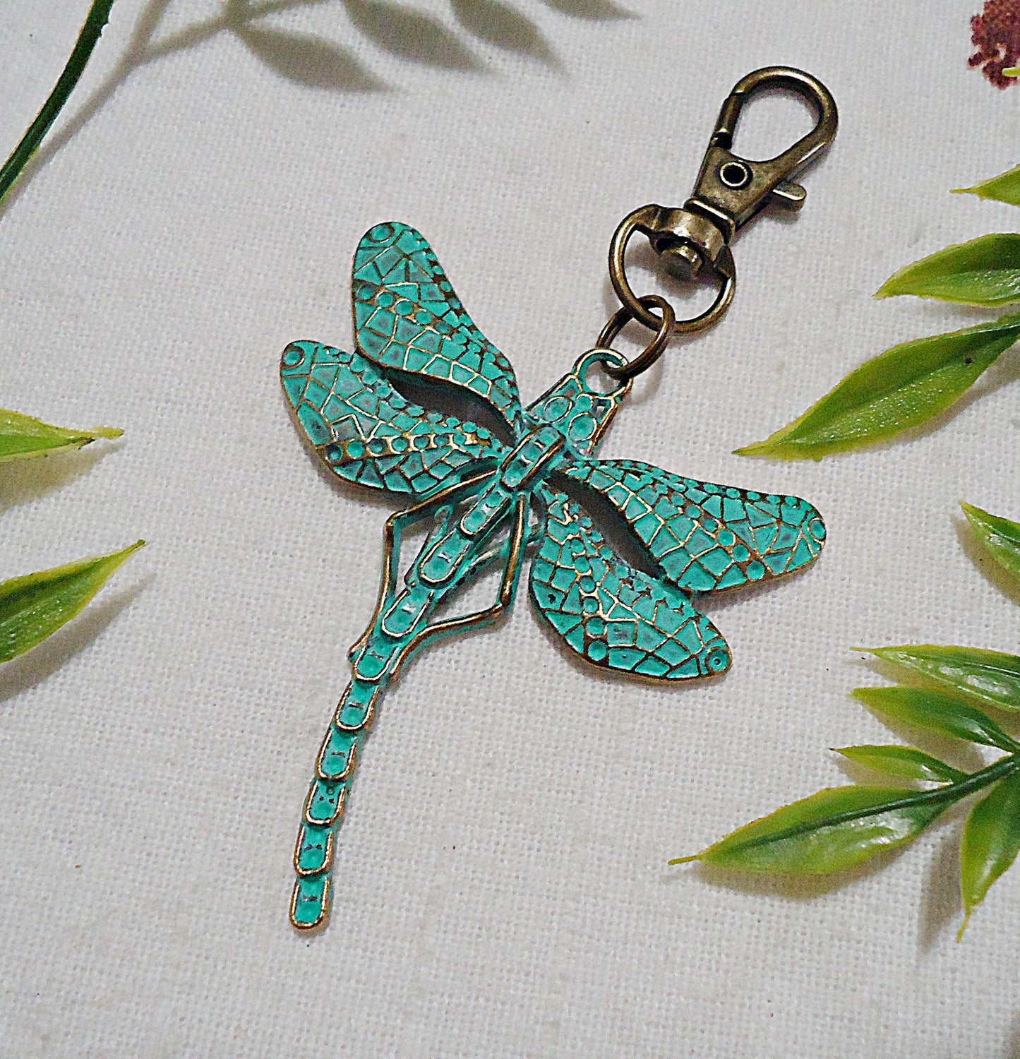 Large Dragonfly Bag Charm, Zipper Pull, Verdigris Green and Bronze, 2" Dangle