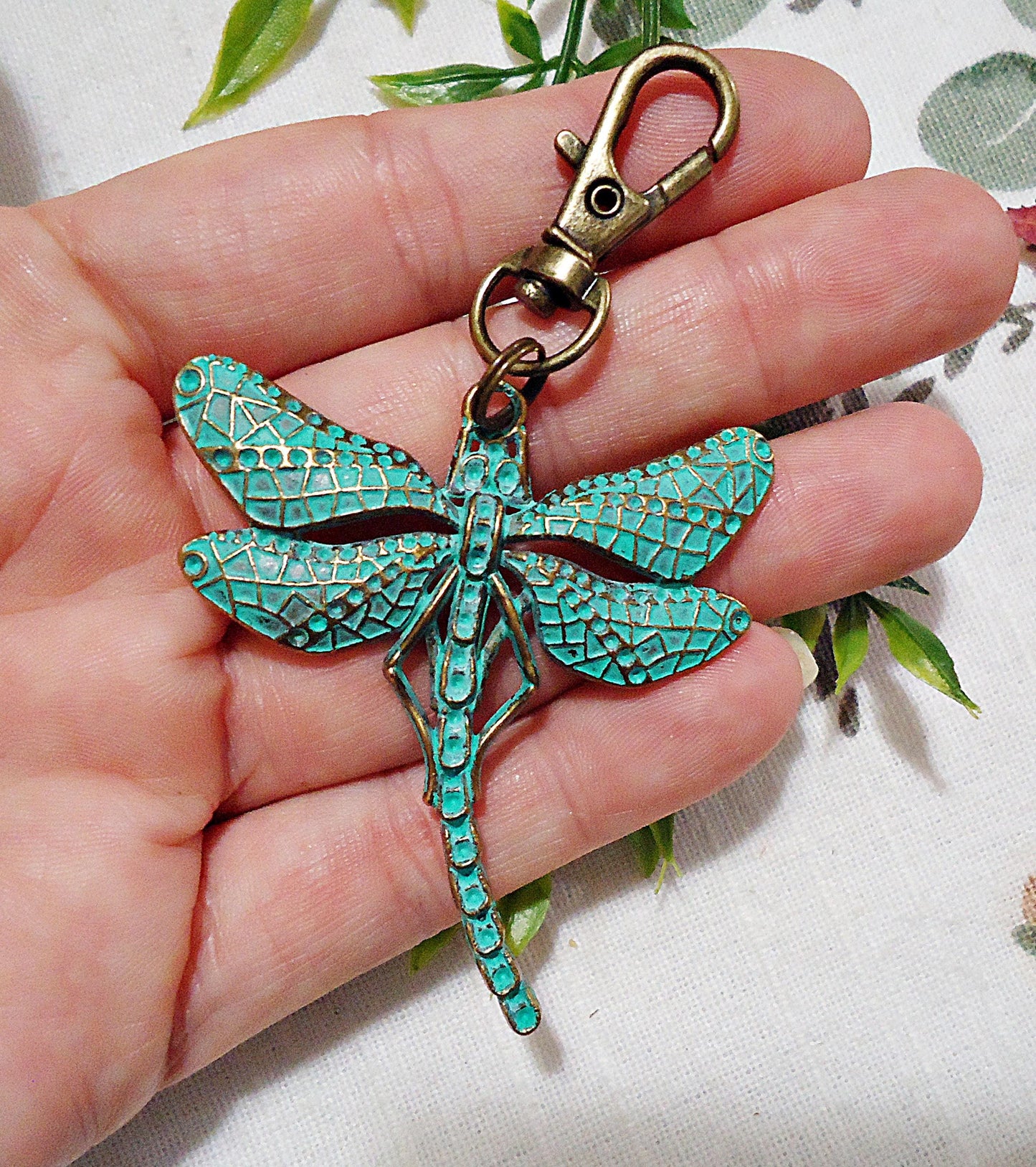Large Dragonfly Bag Charm, Zipper Pull, Verdigris Green and Bronze, 2" Dangle