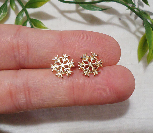 Gold Snowflake Stud Earrings, 9mm, Minimalist Christmas Winter Earrings