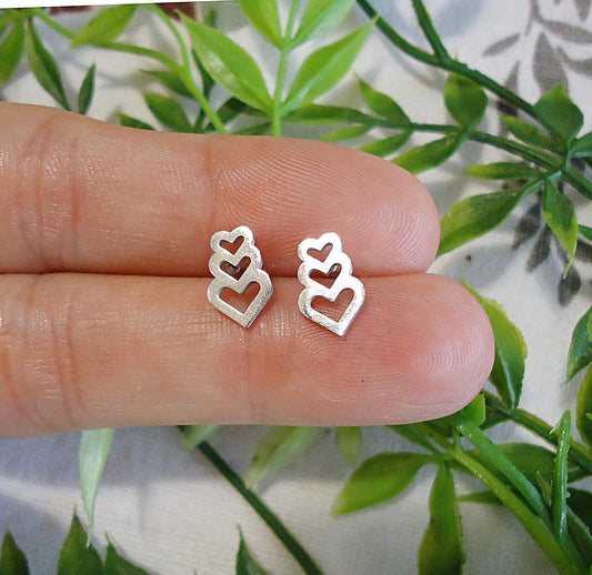 Small Silver Stud Earrings, Triple Hearts, Stainless Steel, 10mm, Hypoallergenic, Non-Tarnishing