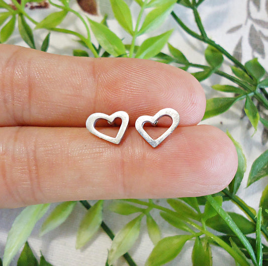 Small Silver Stud Earrings, Open Hearts, Stainless Steel, 10mm Wide, Hypoallergenic, Non-Tarnishing