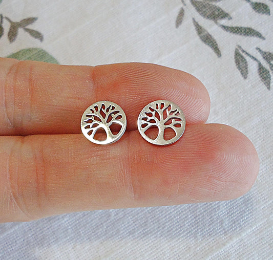 Small Silver Stud Earrings, Round Tree of Life, Stainless Steel, 10mm, Hypoallergenic, Non-Tarnishing, TOL, Tree of Life Earrings