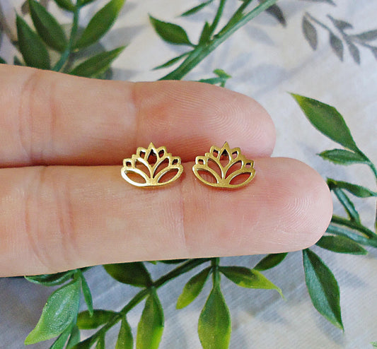 Tiny Gold Lotus Stud Earrings, Gold Plated Stainless Steel, Hypoallergenic, 10mm Wide, Minimalist, Lotus Flower Posts