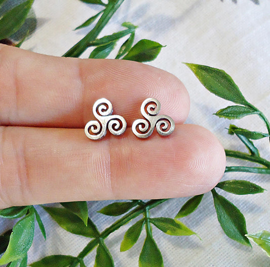 Small Silver Stud Earrings, Triskelion, Celtic Spiral Knot , Stainless Steel, 9mm, Hypoallergenic, Non-Tarnishing, Triskele
