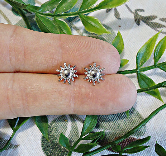 Tiny Silver Sun Stud Earrings, Stainless Steel Summer Stud Earrings, 8mm, Textured Sun, Hypoallergenic, Non-Tarnishing