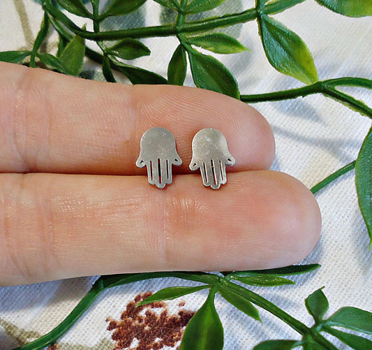 Small Silver Hamsa Stud Earrings, Hand of Fatima, Stainless Steel, 10mm