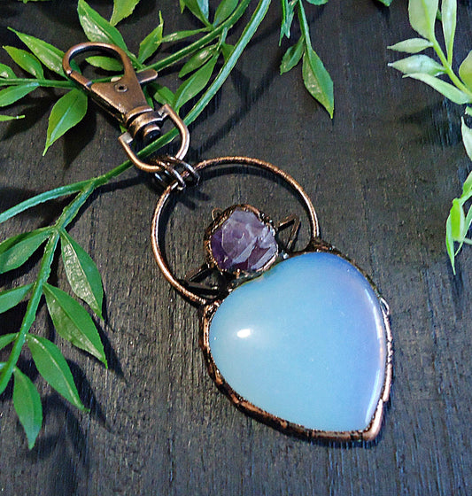 Opalite Moonstone and Amethyst Large Stone Heart Bag Charm, Antique Copper, Swivel Clasp, 2.25" Dangle