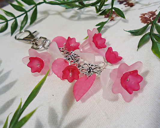 Bag Charm, Pink Flowers, White Petals, Silver or Gold, Swivel Clasp, Key Chain, Zipper Pull, Purse Charm, Lily of the Valley, Magenta Tulip