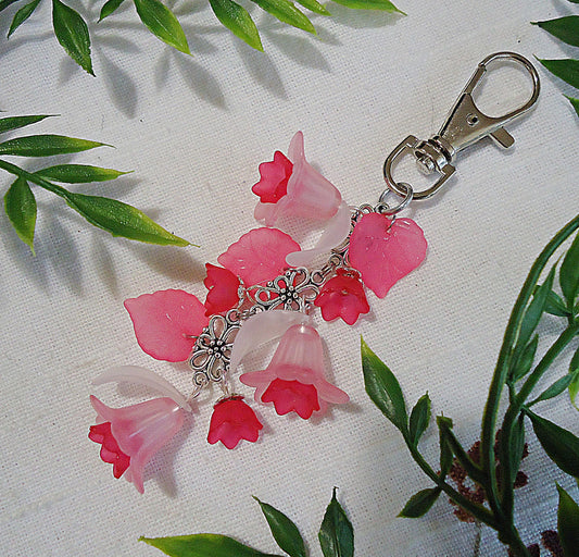 Bag Charm, Pink Flowers, White Petals, Silver or Gold, Swivel Clasp, Key Chain, Zipper Pull, Purse Charm, Lily of the Valley, Magenta Tulip