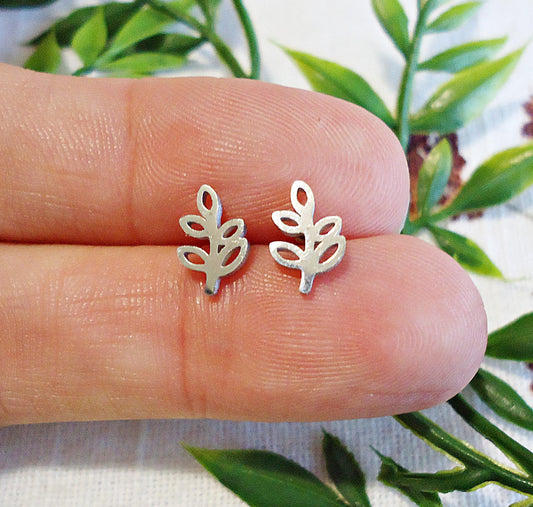 Tiny Branch Leaf Stud Earrings, Stainless Steel, 9mm, Hypoallergenic, Non-Tarnishing