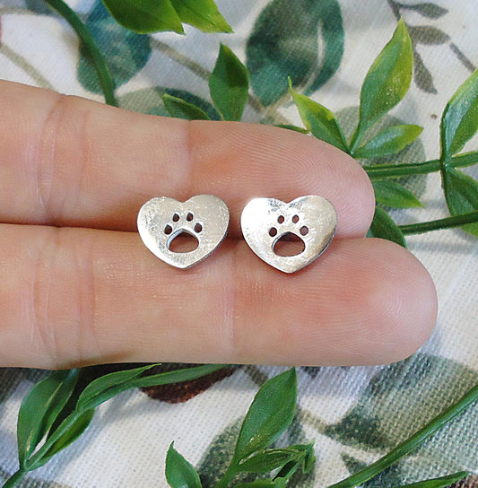 Tiny Silver Paw Print Heart Earrings, Stainless Steel, Non-Tarnishing, Hypoallergenic, 11mm, Dog Mom, Animal Lover, Dog Paw Print