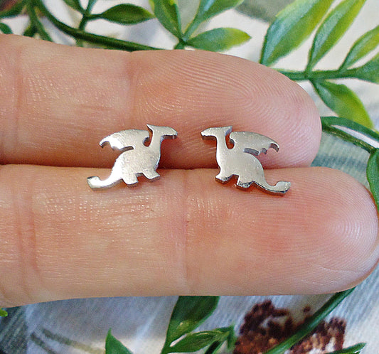 Tiny Flying Dragon Stud Earrings, Stainless Steel, Hypoallergenic, Non-Tarnishing, Silver Puff the Magic Dragon, 12mm x 9mm