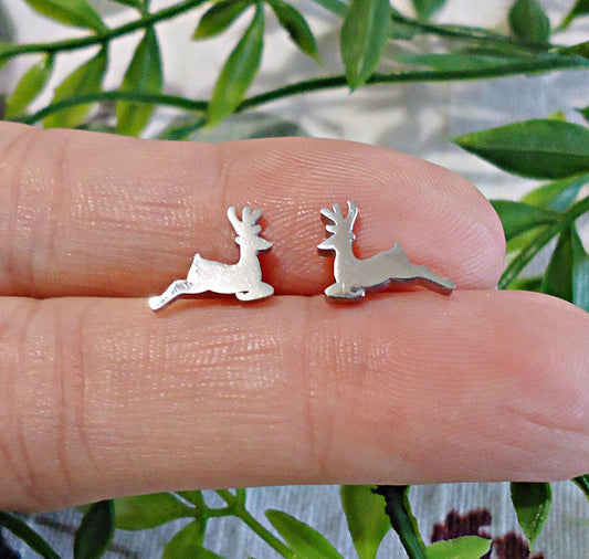 Tiny Christmas Reindeer Stud Earrings, Stainless Steel, 8mm, Hypoallergenic, Non-Tarnishing, Deer, Reindeer, Flying Reindeer, Silver