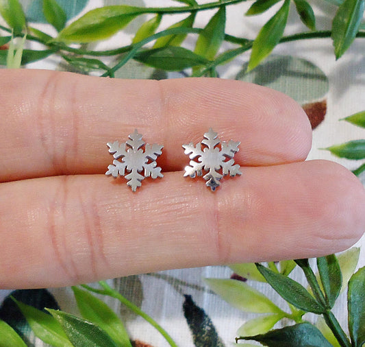 Silver Snowflake Stud Earrings, 10mm, Minimalist Christmas Winter Earrings, Stainless Steel, Hypoallergenic and Non-Tarnishing, Small Studs