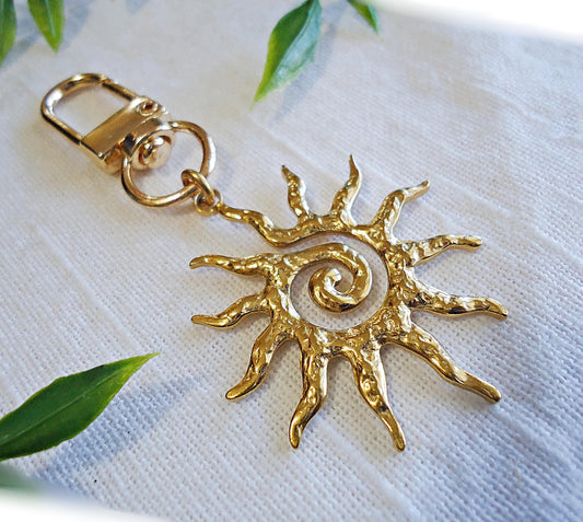 Hammered Golden Sun Bag Charm, Zipper Pull, Bag Clip