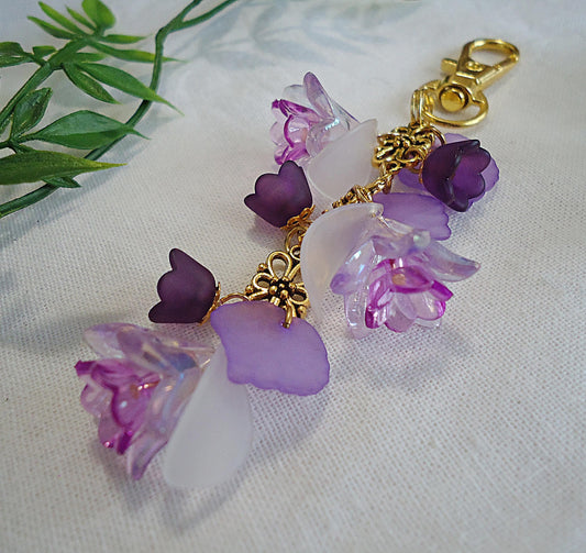 Bag Charm, Purple Flowers, White Petals, Gold Flower, Swivel Clasp, Key Chain, Zipper Pull, Purse Charm, Lily of the Valley, Tulip