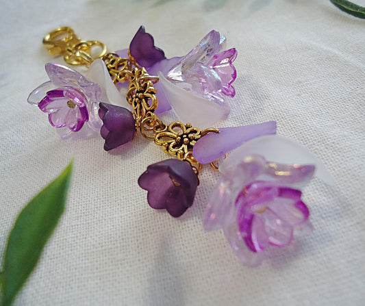 Bag Charm, Purple Flowers, White Petals, Gold Flower, Swivel Clasp, Key Chain, Zipper Pull, Purse Charm, Lily of the Valley, Tulip