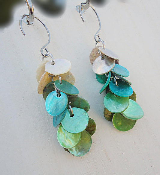 Mother of Pearl Sea Green Ombre Dangle Earrings, Seashell, Stainless Steel