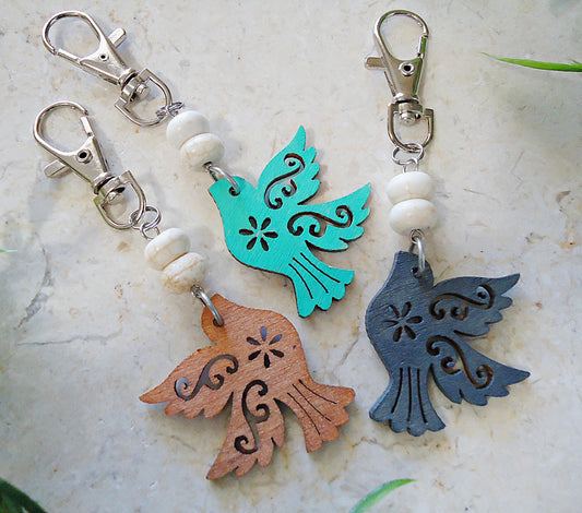 Bag Charm, Painted Wooden Birds and White Marbled Stones, Silver Swivel Clasp, Turquoise, Bronze, Gray