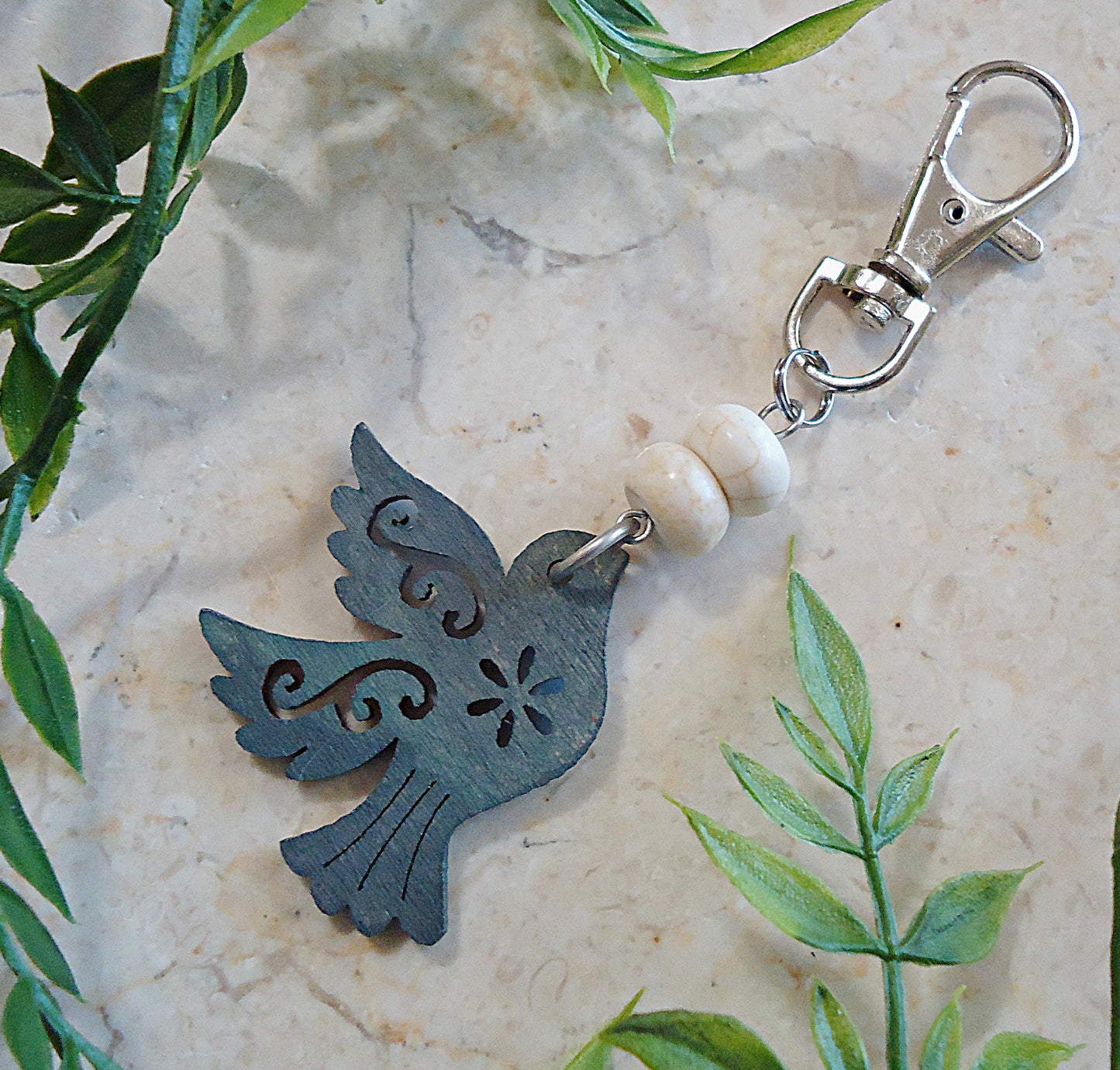 Bag Charm, Painted Wooden Birds and White Marbled Stones, Silver Swivel Clasp, Turquoise, Bronze, Gray