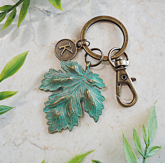 Keychain, Maple Leaf Personalized Initial Charm, Verdigris Green Patina, Oxidized Antique Bronze, Bag Charm, Bag Charm, Zipper Pull