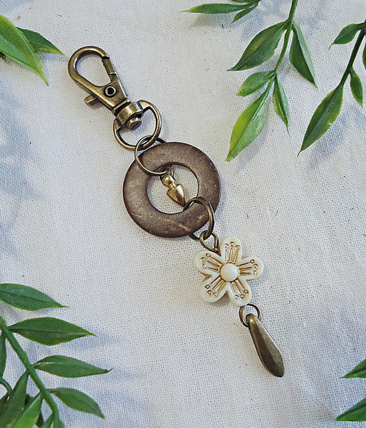 Bag Charm, Coconut Shell, Alabaster Flower, Bronze and Gold, 2.5" Dangle