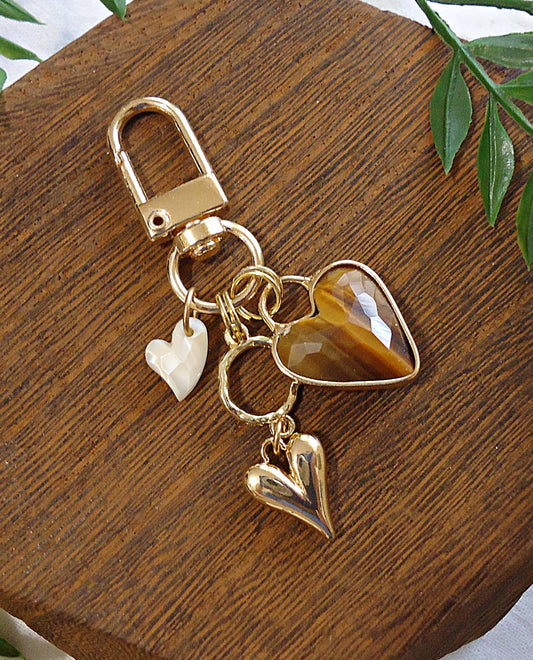 Tigereye Stone Heart Bag Charm, Gold Hearts, Mother of Pearl Heart, Triple Heart Bag Charm, Zipper Pull