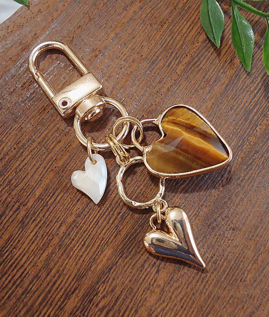 Tigereye Stone Heart Bag Charm, Gold Hearts, Mother of Pearl Heart, Triple Heart Bag Charm, Zipper Pull