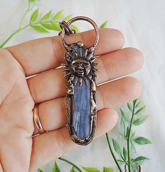 Rustic Kyanite Bag Charm with Antique Copper Sun, Zipper Pull, Purse Charm, Blue Kyanite Stone, Boho Style
