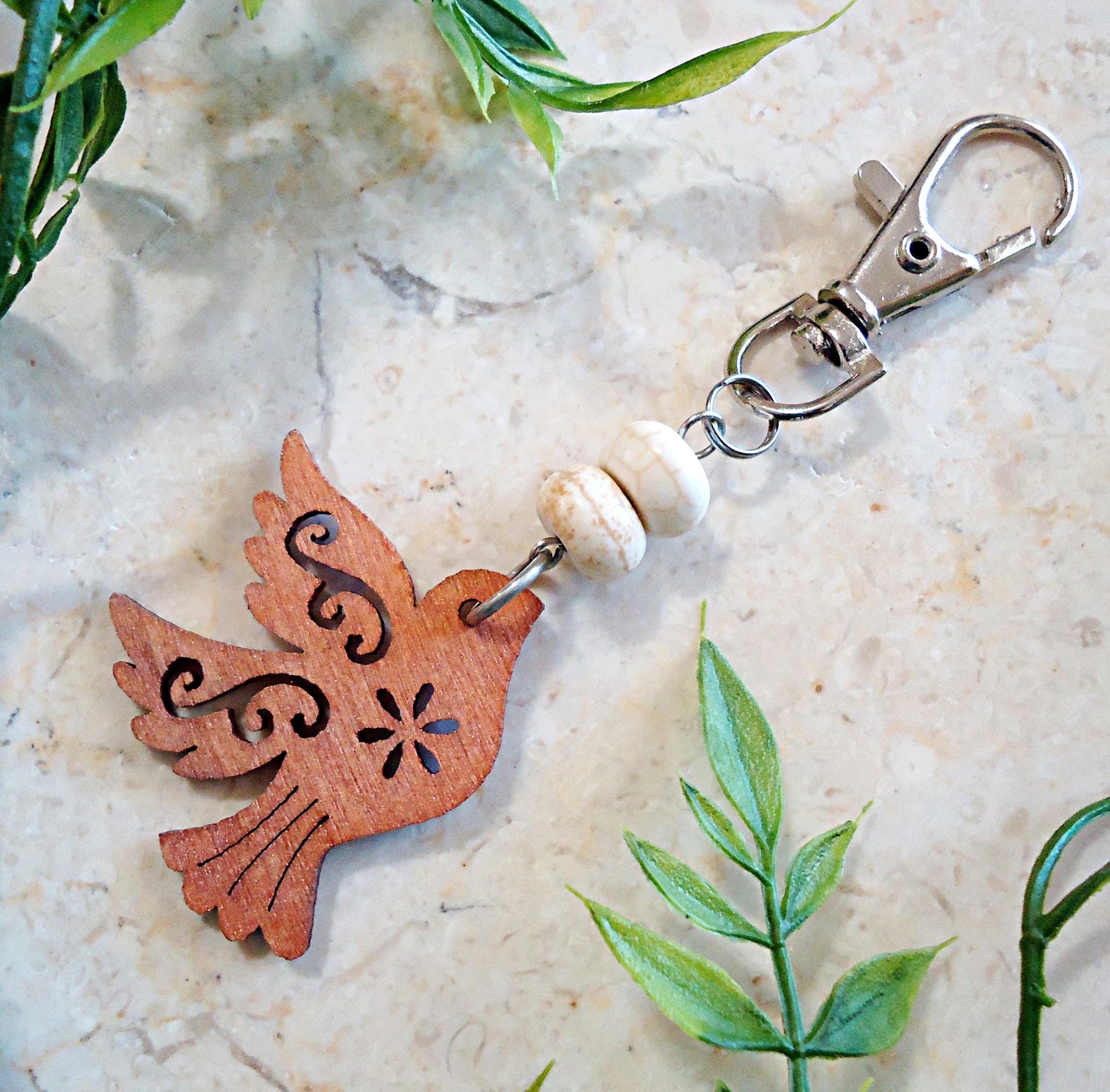Bag Charm, Painted Wooden Birds and White Marbled Stones, Silver Swivel Clasp, Turquoise, Bronze, Gray