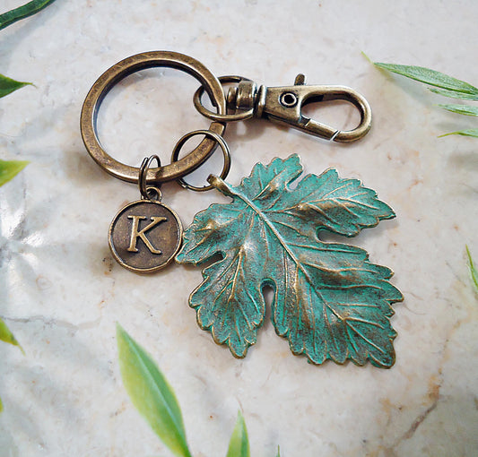 Keychain, Maple Leaf Personalized Initial Charm, Verdigris Green Patina, Oxidized Antique Bronze, Bag Charm, Bag Charm, Zipper Pull