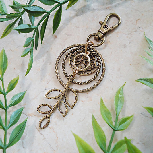 Bag Charm, Textured Bronze Rounds and Leaves, 2.25" Dangle, Hammered and Twisted Rounds, Mandala and Branch, Zipper Pull