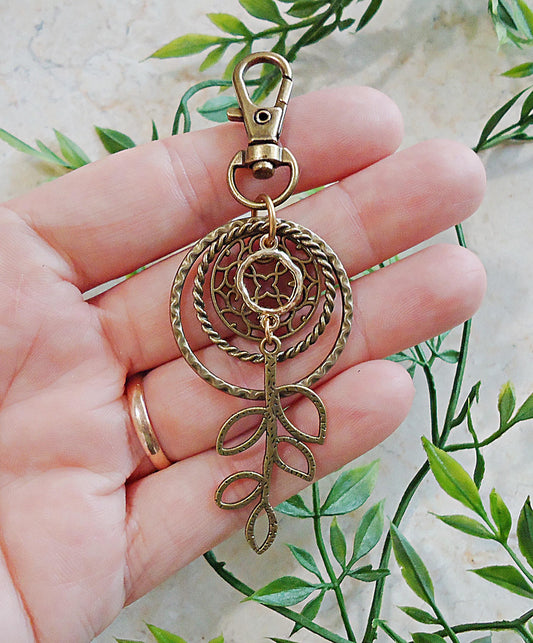 Bag Charm, Textured Bronze Rounds and Leaves, 2.25" Dangle, Hammered and Twisted Rounds, Mandala and Branch, Zipper Pull