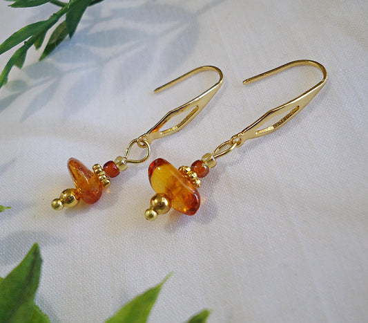 Amber Chip Earrings, Gold and Amber Earrings, 1.5" Dangle