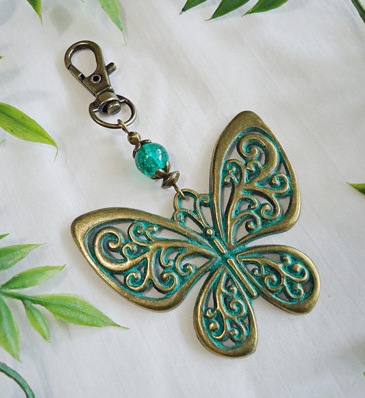 Large Verdigris Butterfly Bag Charm, Zipper Pull, Green Crackle Glass, Green Patina Bronze Butterfly, 3 5/8" Long
