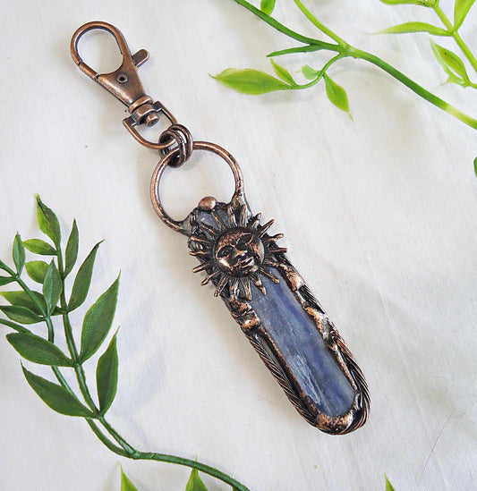 Rustic Kyanite Bag Charm with Antique Copper Sun, Zipper Pull, Purse Charm, Blue Kyanite Stone, Boho Style